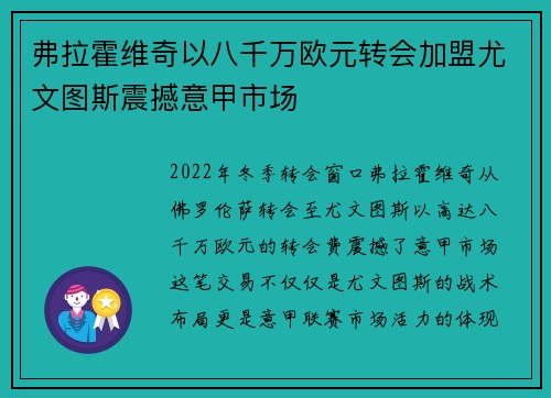弗拉霍维奇以八千万欧元转会加盟尤文图斯震撼意甲市场 弗拉霍维奇以八千万欧元转会加盟尤文图斯震撼意甲市场